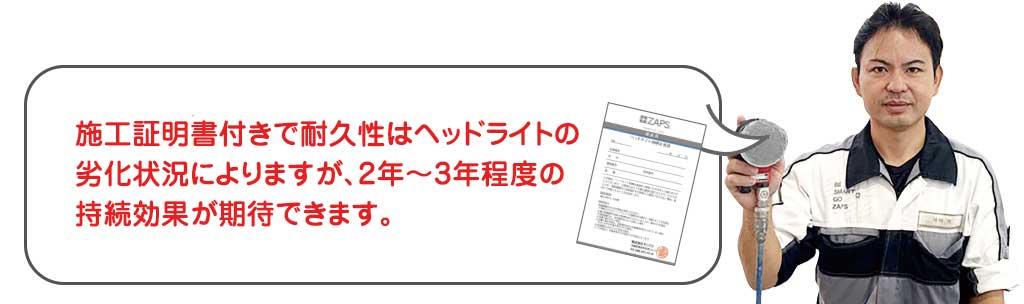 ヘッドライトペーパー研磨＆超耐久ハードコートは施工証明書付き